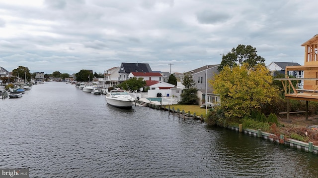 property view of water with a dock