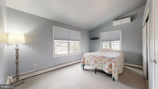 carpeted bedroom with baseboard heating, a wall mounted air conditioner, vaulted ceiling, and multiple windows