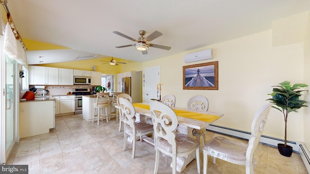 tiled dining area with an AC wall unit, ceiling fan, and vaulted ceiling