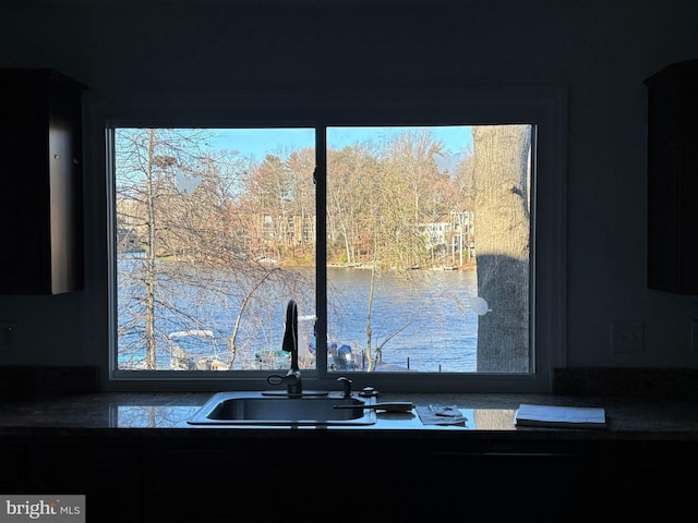 room details featuring sink and a water view