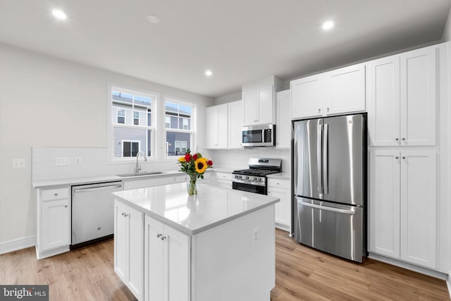 kitchen with stainless steel appliances, a center island, sink, white cabinetry, and backsplash