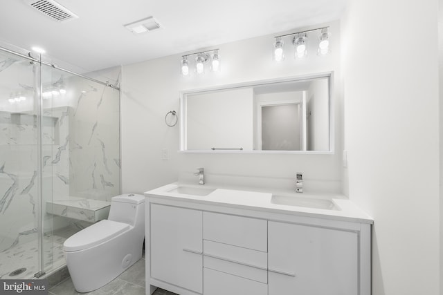 bathroom with toilet, a shower with door, vanity, and tile patterned floors