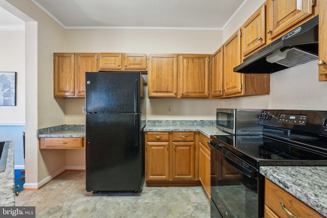 kitchen with black appliances, ornamental molding, and light stone countertops