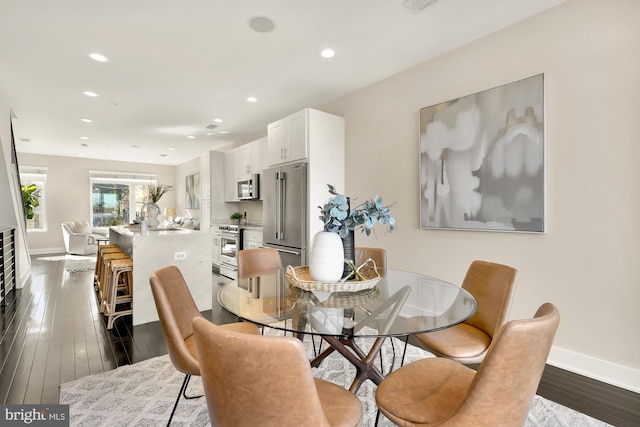 dining space with sink and dark hardwood / wood-style floors