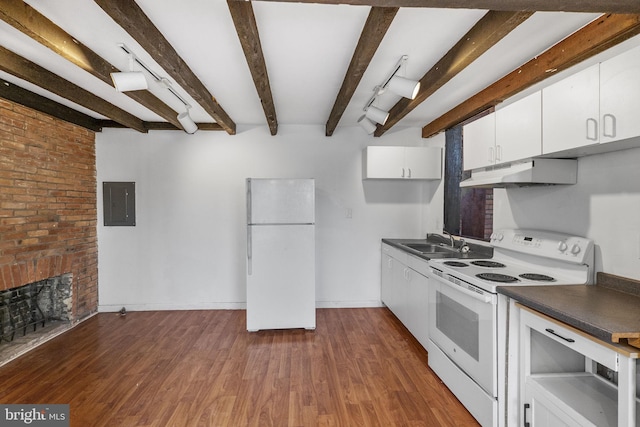 kitchen with white cabinetry, sink, white appliances, and dark wood-type flooring