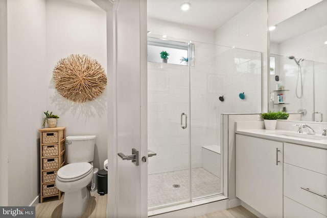 bathroom featuring toilet, vanity, and walk in shower