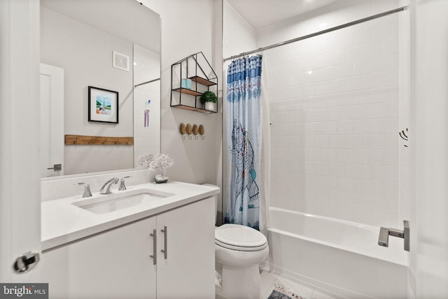 full bathroom with toilet, vanity, and shower / tub combo