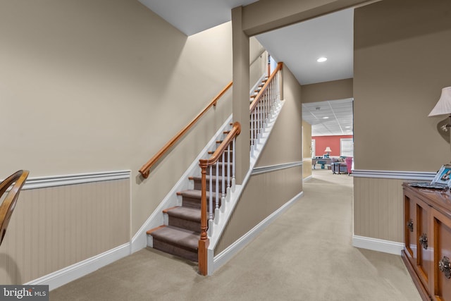 stairway featuring carpet floors