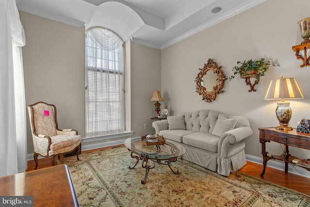 living room featuring crown molding and hardwood / wood-style flooring