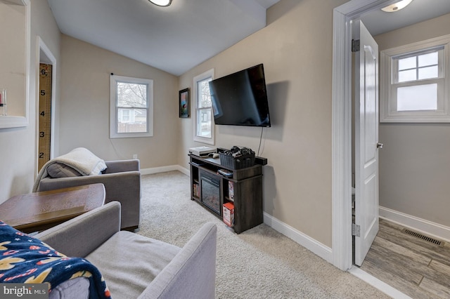 carpeted living room with lofted ceiling and plenty of natural light