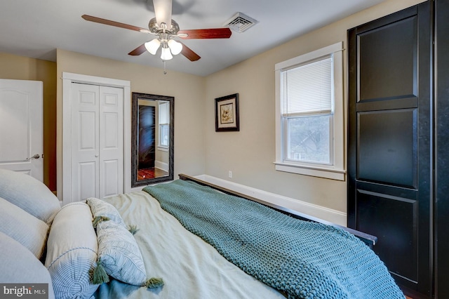 bedroom with ceiling fan and a closet