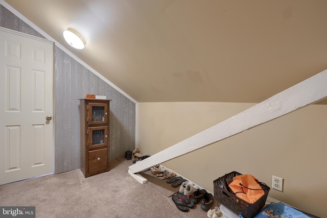 interior space with vaulted ceiling, carpet floors, and wood walls