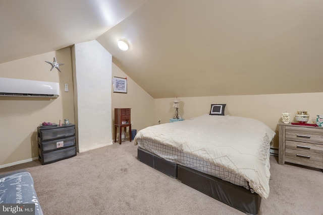 carpeted bedroom featuring baseboard heating, lofted ceiling, and a wall mounted AC