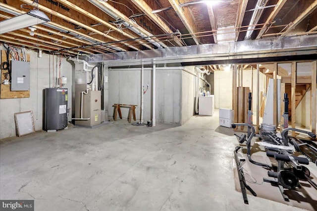 basement with water heater, washer / dryer, electric panel, and heating unit