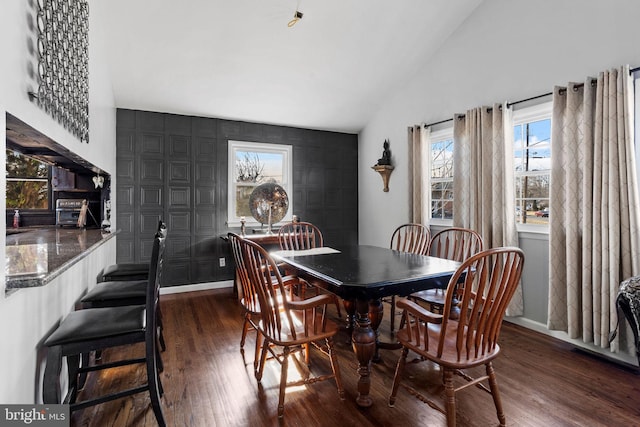 dining area featuring lofted ceiling and dark wood-type flooring