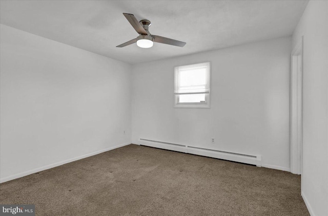 unfurnished room with carpet floors, baseboard heating, and ceiling fan