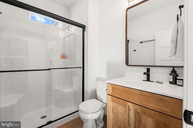 bathroom featuring toilet, vanity, and an enclosed shower