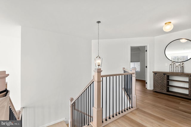 stairs featuring hardwood / wood-style floors