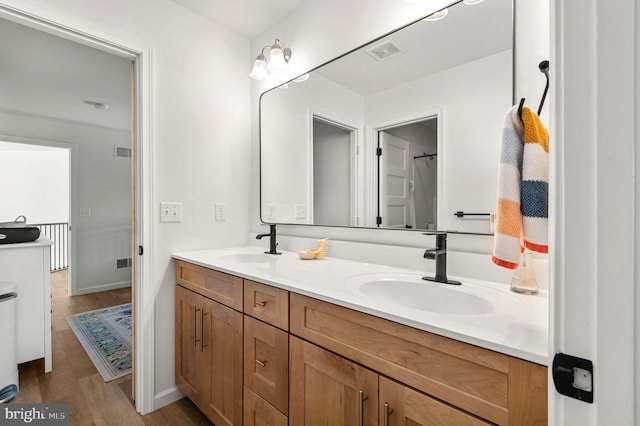 bathroom with hardwood / wood-style floors and vanity