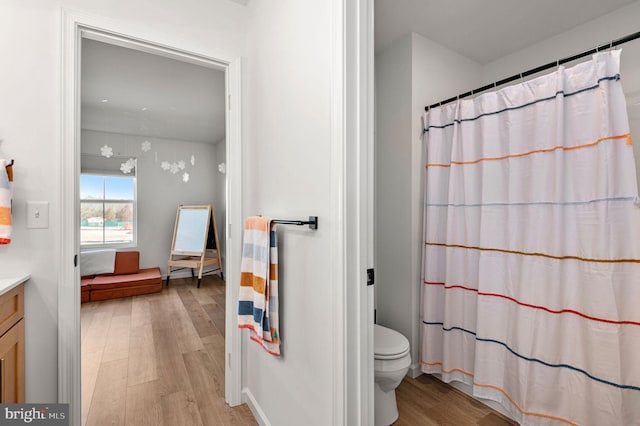 bathroom with toilet, wood-type flooring, and vanity