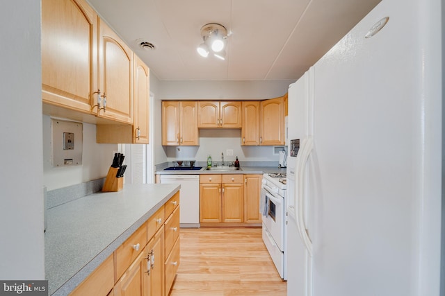 kitchen with sink, light wood-type flooring, light brown cabinets, and white appliances