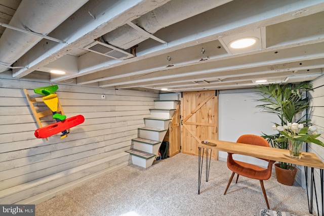 basement featuring carpet and wood walls