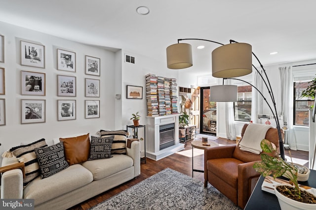 living room with dark hardwood / wood-style floors