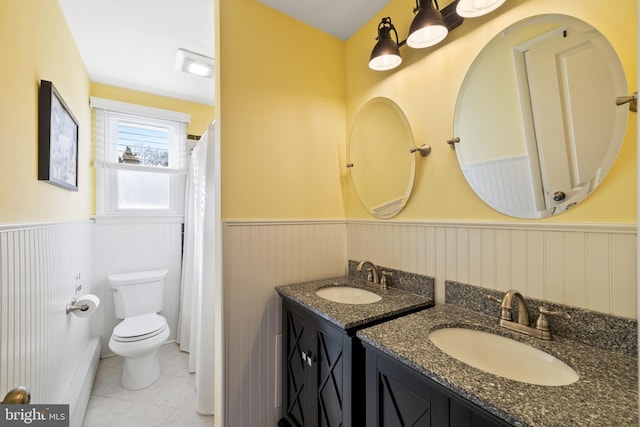 bathroom featuring toilet, tile patterned floors, and vanity