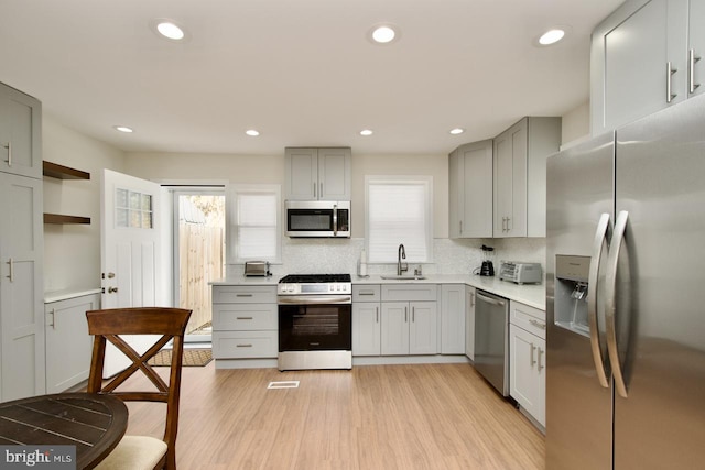 kitchen with sink, tasteful backsplash, gray cabinets, stainless steel appliances, and light hardwood / wood-style floors