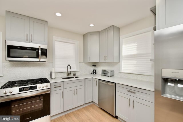 kitchen featuring appliances with stainless steel finishes, tasteful backsplash, sink, gray cabinetry, and light wood-type flooring