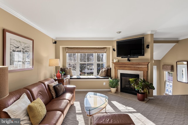 living room featuring ornamental molding, light carpet, and plenty of natural light