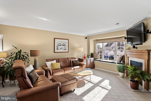 carpeted living room with ornamental molding