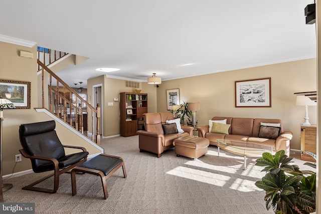 living room featuring ornamental molding and light colored carpet