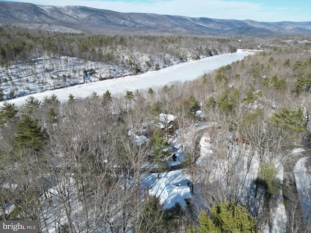 snowy aerial view with a mountain view