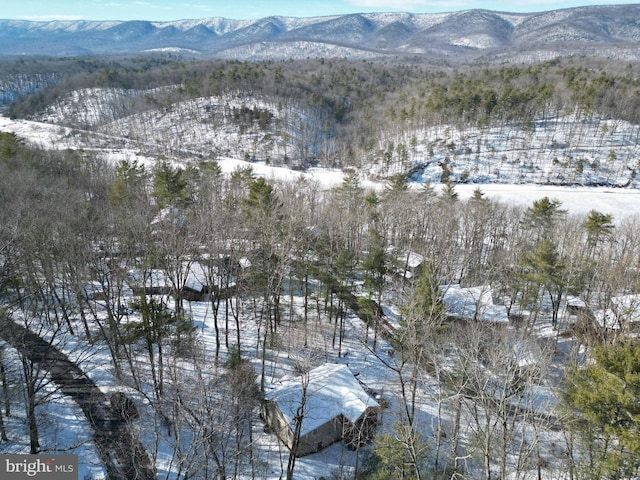 snowy aerial view with a mountain view