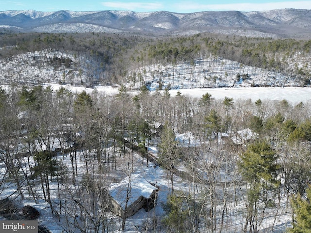 snowy aerial view with a mountain view