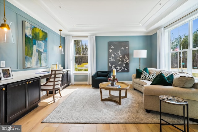 living room with ornamental molding, a tray ceiling, and light hardwood / wood-style flooring