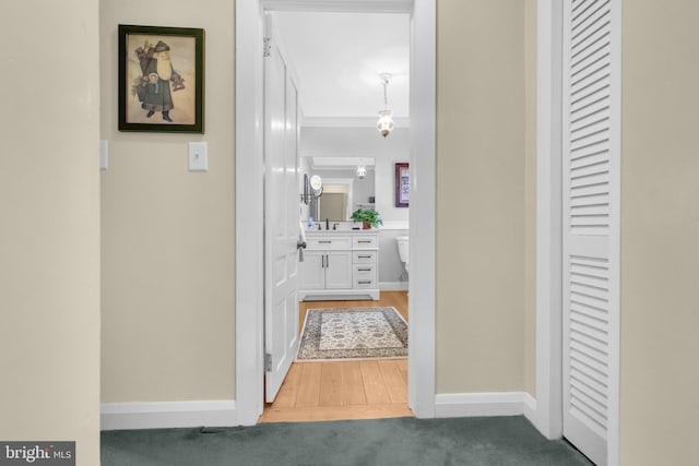 corridor featuring sink and dark hardwood / wood-style flooring