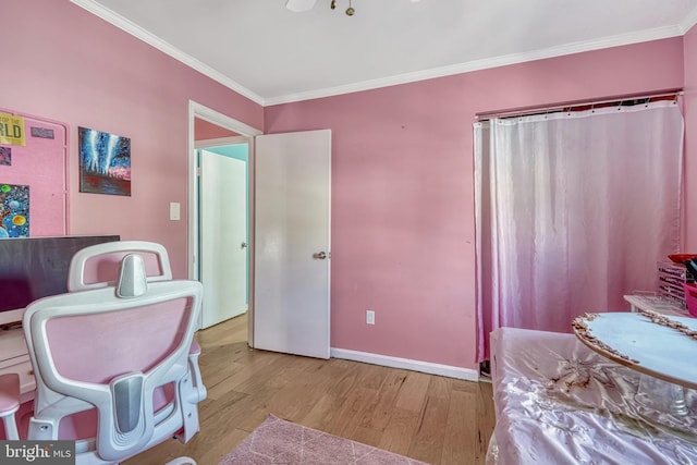 interior space featuring crown molding and light hardwood / wood-style flooring