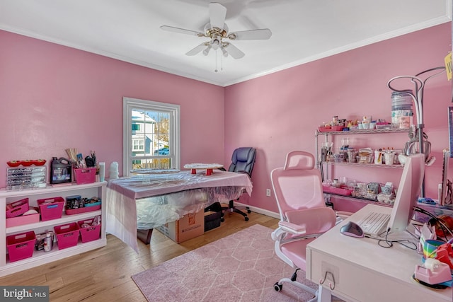 office area featuring light wood-type flooring, ceiling fan, and crown molding