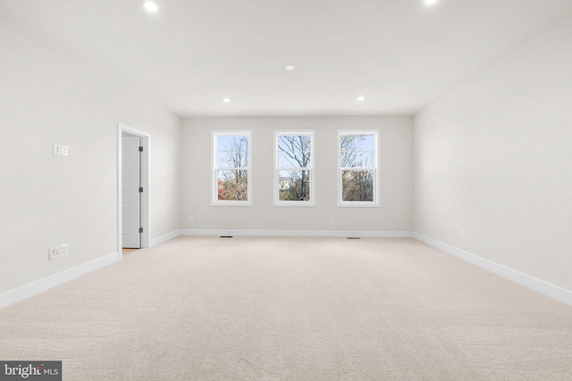 spare room with a wealth of natural light and light carpet