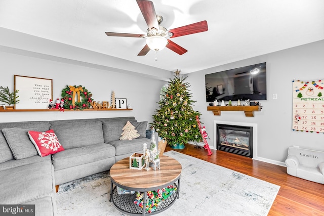 living room with hardwood / wood-style floors and ceiling fan