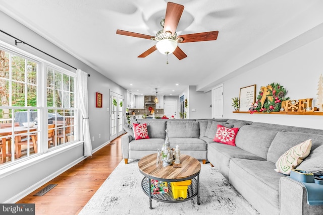 living room with ceiling fan and hardwood / wood-style floors