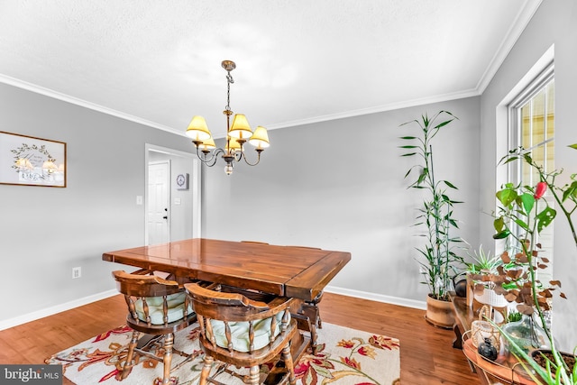 dining room with crown molding, a chandelier, and hardwood / wood-style flooring