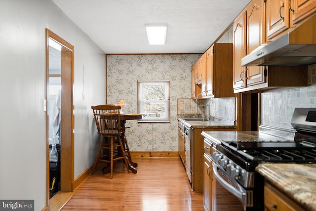 kitchen with tasteful backsplash, dishwashing machine, stainless steel gas stove, and light hardwood / wood-style floors