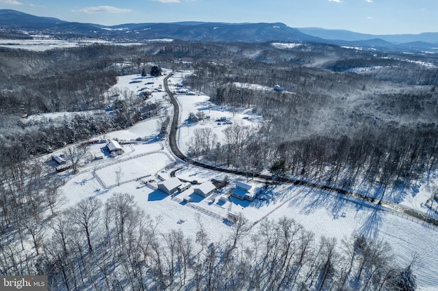 snowy aerial view featuring a mountain view