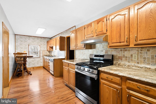 kitchen with light stone countertops, dishwasher, stainless steel gas range, sink, and light hardwood / wood-style flooring