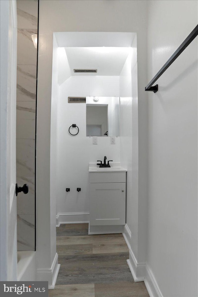 bathroom with hardwood / wood-style floors and vanity