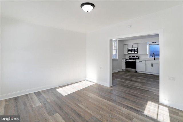 unfurnished living room with sink and dark wood-type flooring