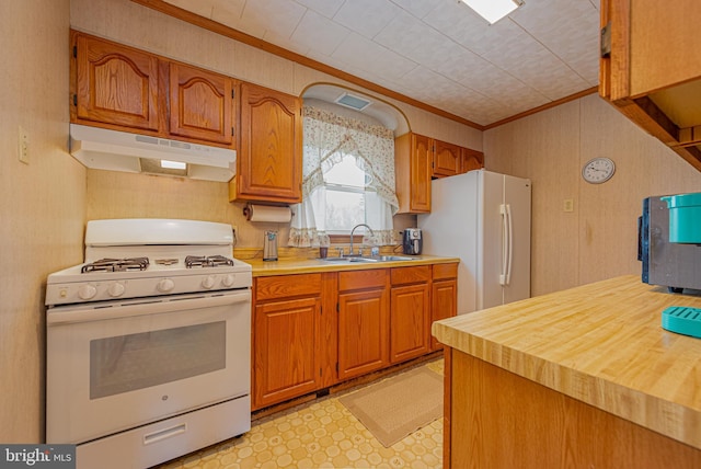 kitchen featuring sink, white appliances, and ornamental molding